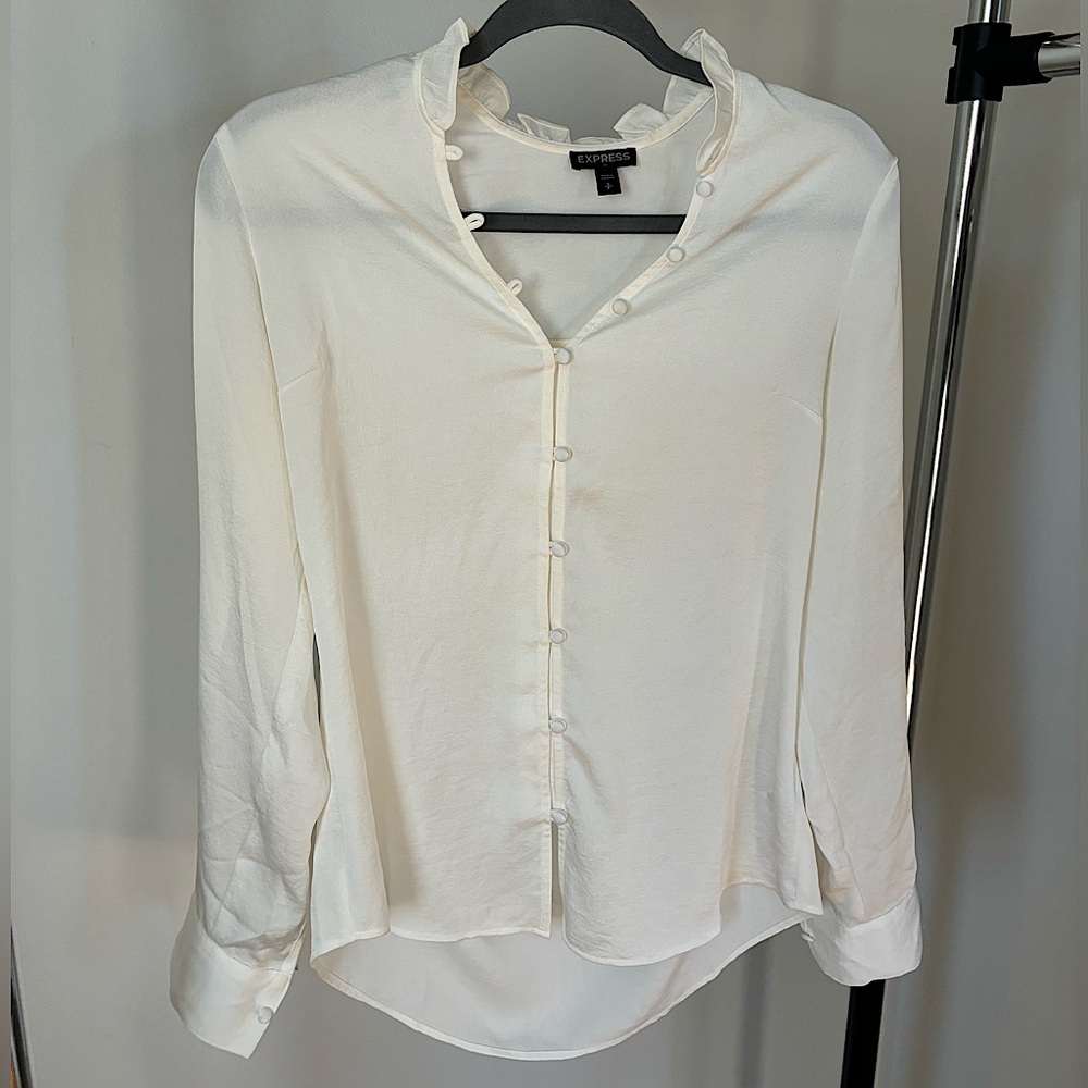 Express Women’s Small Sheer White Button Up Frilly Shirt